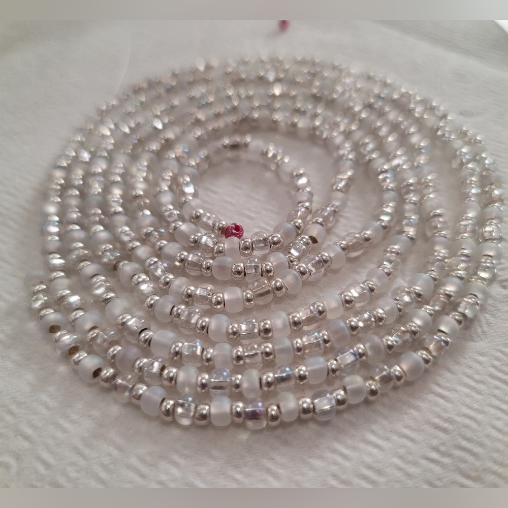 Classy, sophisticated frosted and silver waistbeads 49" tie on